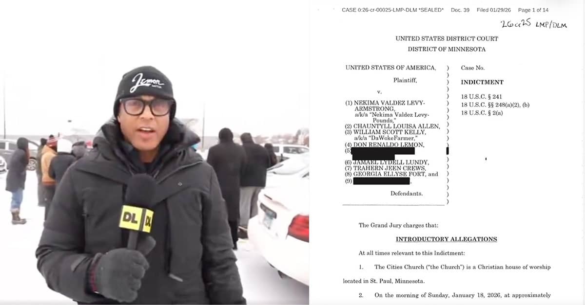 Don Lemon speaks to camera before going into Cities Church with anti-ICE mob to disrupt its Sunday worship service (left); and the unsealed grand jury indictment for Lemon and other accused co-conspirators.
