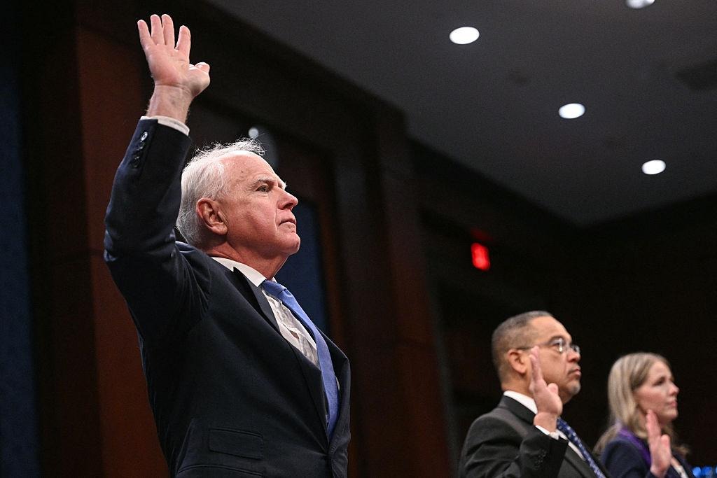 Minnesota Gov. Tim Walz and Attorney General Keith Ellison are sworn in before a House Oversight Committee hearing on fraud in Minnesota social-services programs.