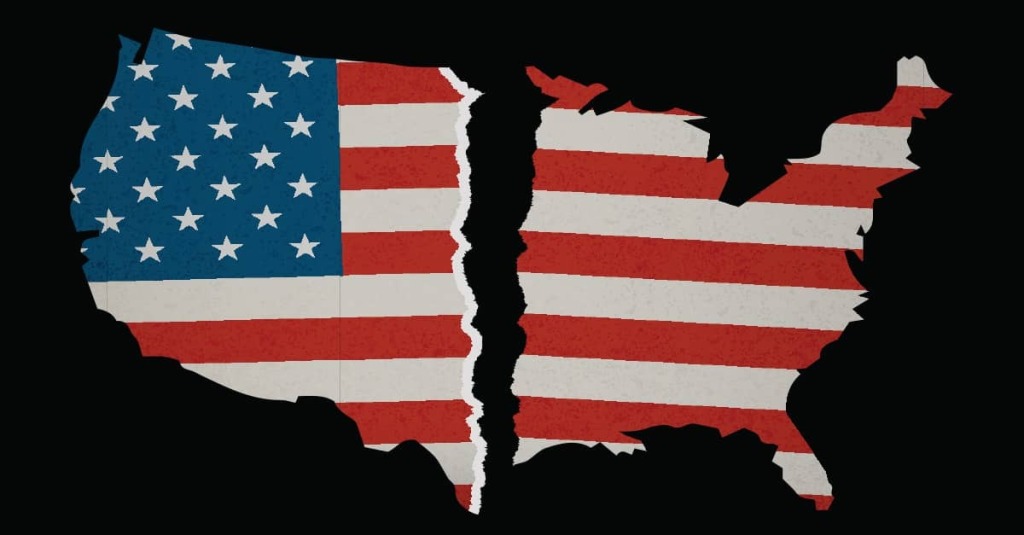U.S. map filled with an American flag pattern, split down the middle on a dark background