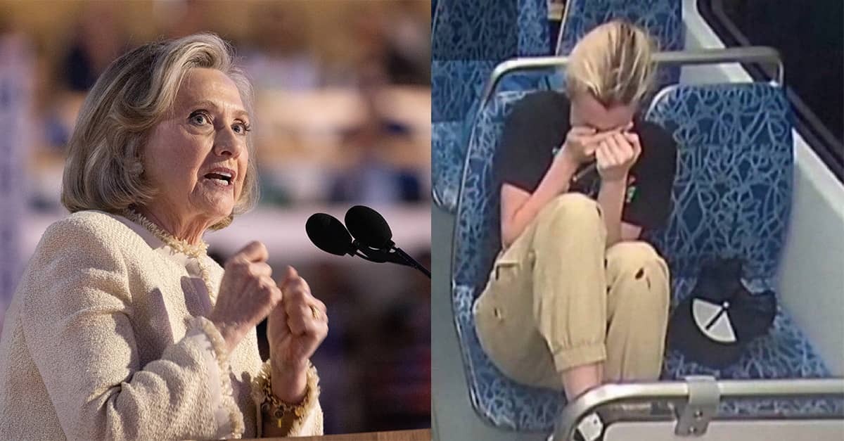 Split image of Hillary Clinton giving a speech and Iryna Zarutska curled up in pain after being stabbed in the neck three times by a felon out on cashless bail.