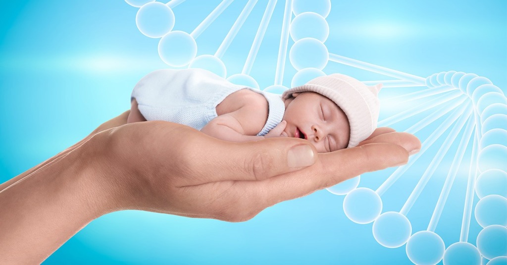 A hand holds a sleeping newborn baby against a background of light blue and a close-up illustration of the DNA structure.