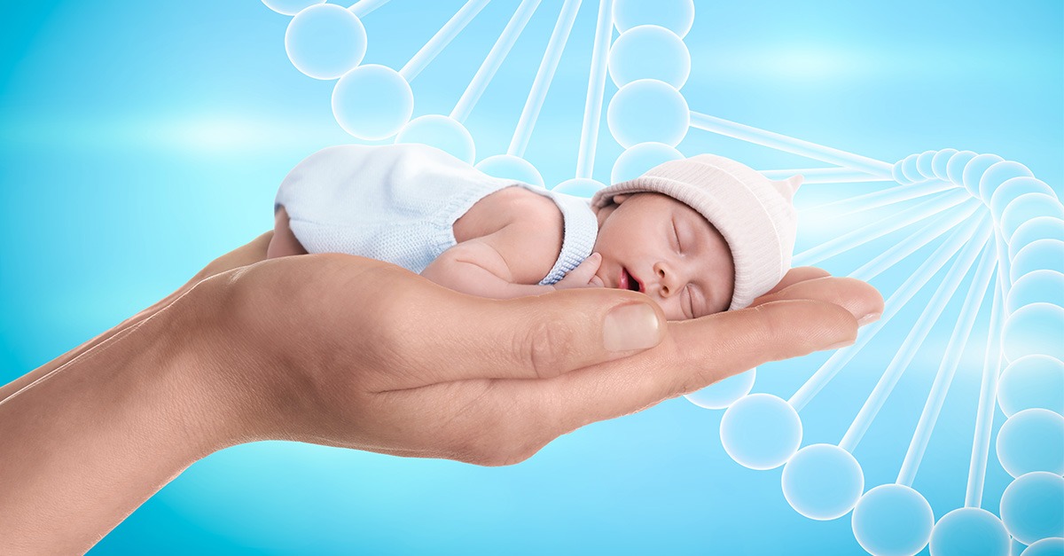 A hand holds a sleeping newborn baby against a background of light blue and a close-up illustration of the DNA structure.