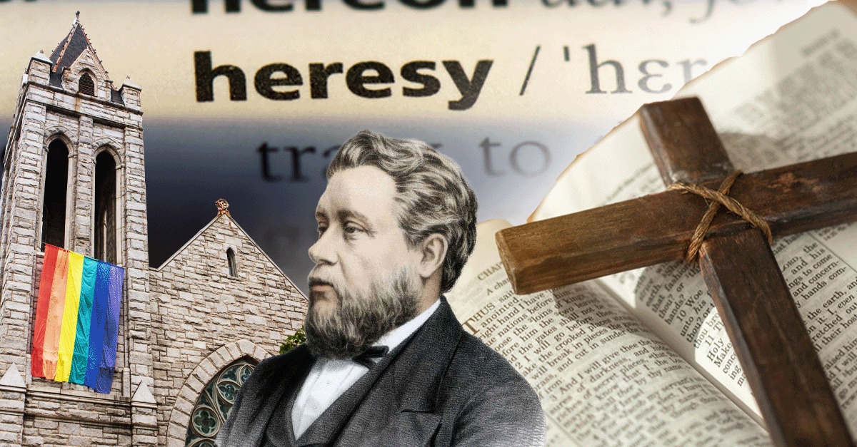 Photos of Charles Spurgeon, a church flying a pride flag, a Bible and a Christian cross and the dictionary page opened to the word "heresy."