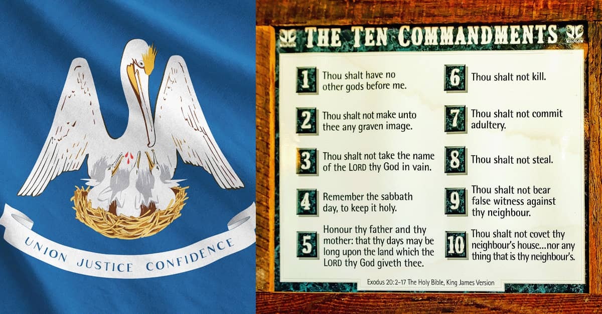 Photo showing Louisiana's motto and a poster of the 10 Commandments
