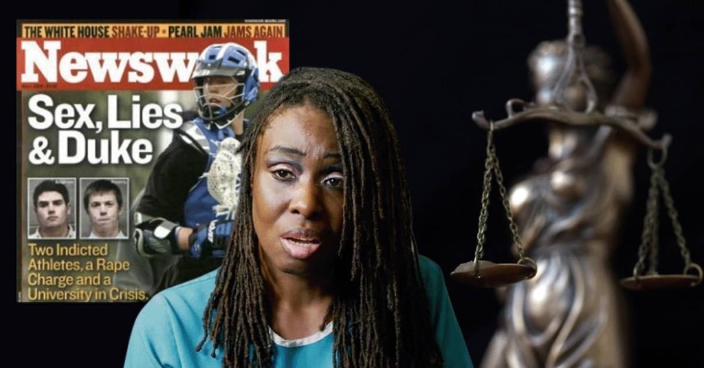 Crystal Mangum speaks beside an image of a Newsweek cover on the Duke lacrosse case and a blurred statue of Lady Justice.