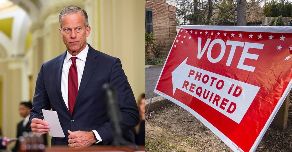 (Left) Senate Majority Leader John Thune; (Right) A sign reading "VOTE" and "Photo ID Required."