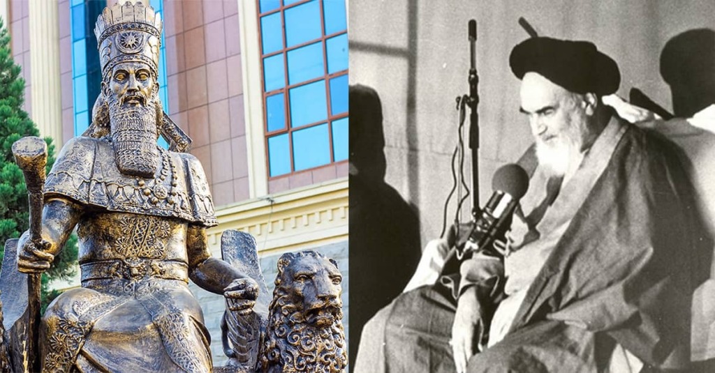 An ancient statue of Persian King Cyrus the Great and the Ayatollah Ruhollah Khomeini, who lead the Islamic Revolution in Iran.