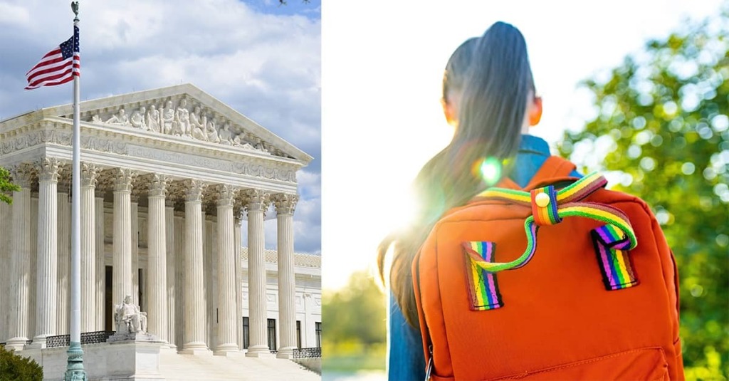 Split image of the U.S. Supreme Court building (left) and a child wearing a backpack outfitted with an LGBTQ pride ribbon in bright sunlight (right).