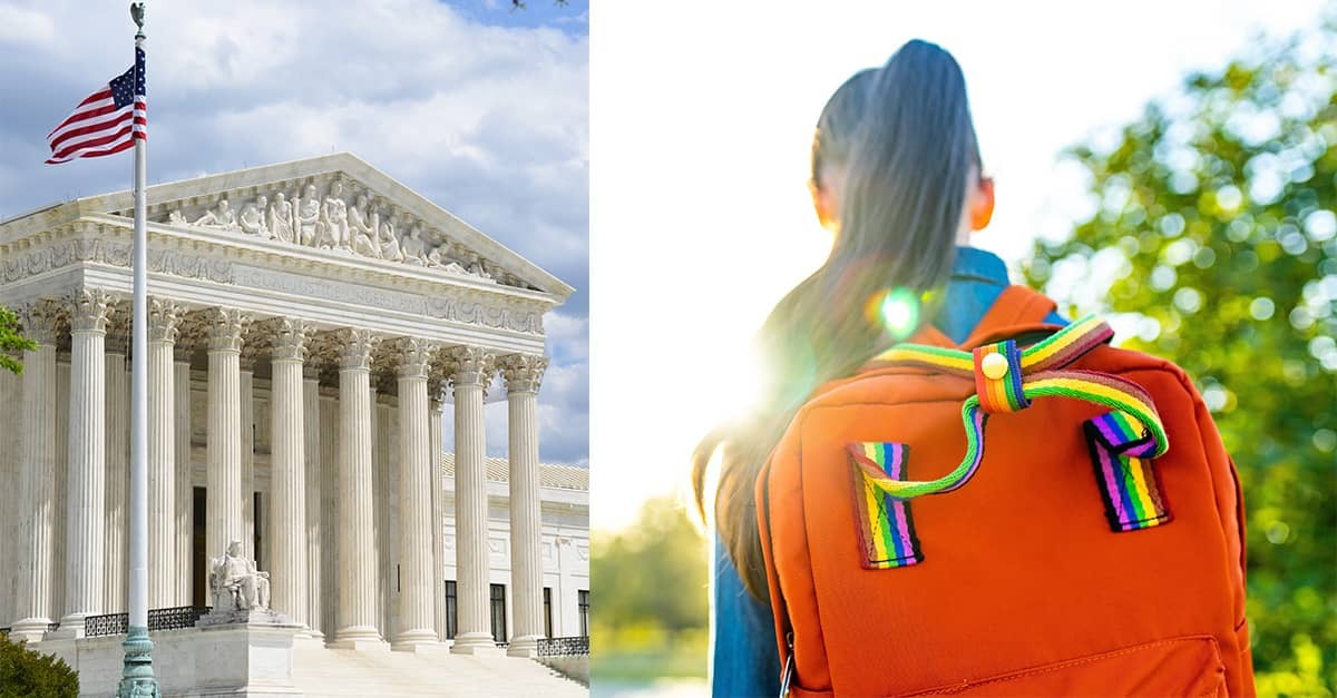 Split image of the U.S. Supreme Court building (left) and a child wearing a backpack outfitted with an LGBTQ pride ribbon in bright sunlight (right).