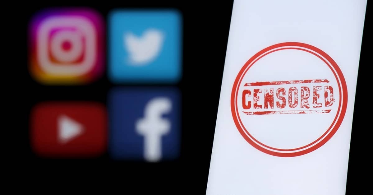 Blurred Instagram, X, YouTube, and Facebook icons appear beside a bold red CENSORED stamp