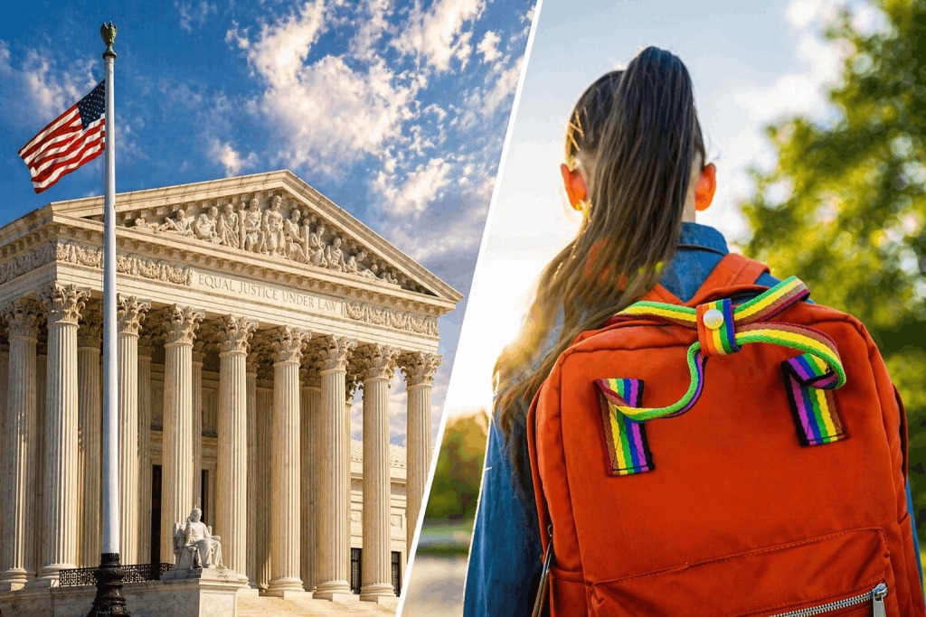 Split image showing the U.S. Supreme Court and a student with a rainbow symbol backpack, representing the legal battle over parental rights and school gender policies