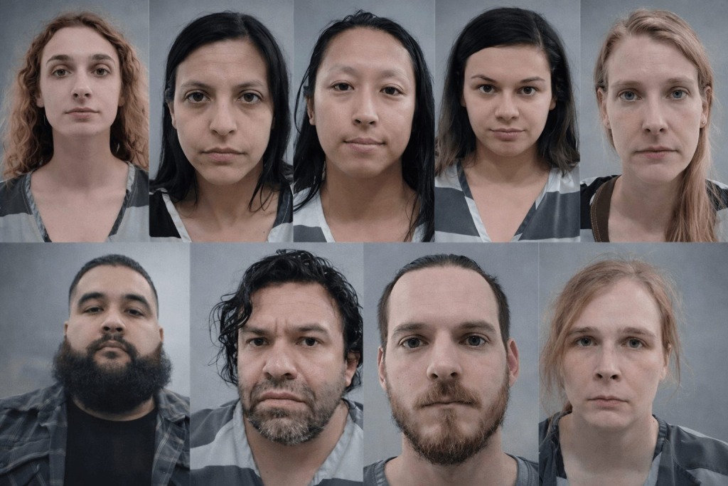 Collage of mugshots of the nine members of a Texas Antifa cell convicted for their roles in the explosives and shooting attack on the ICE detention facility in Prairieland, Texas.