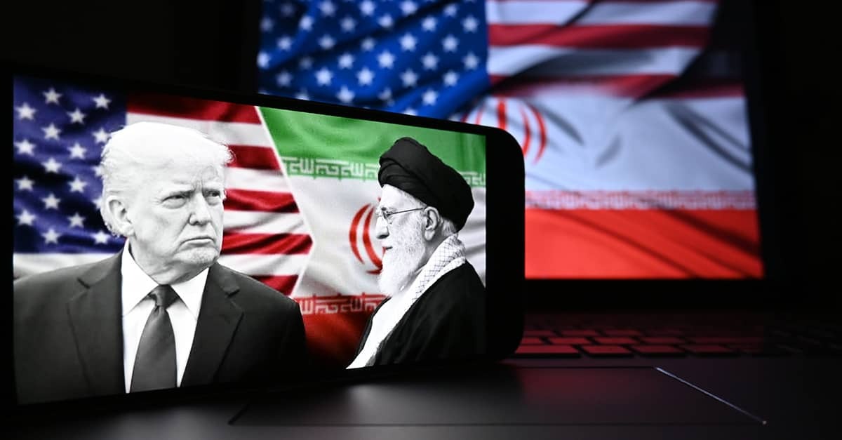 Photos of President Trump and Ayatollah Ali Khamenei, the now deceased Iranian Supreme Leader, against a backdrop of the flags of the U.S. and Islamic Republic of Iran.