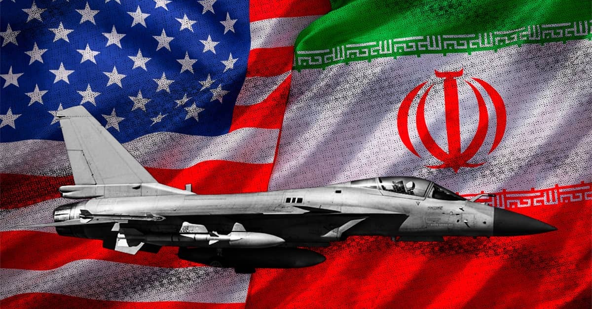 American fighter aircraft set against backdrop of the flags of the United States and the Islamic Republic of Iran, illustrating rising tensions between America and Iran.