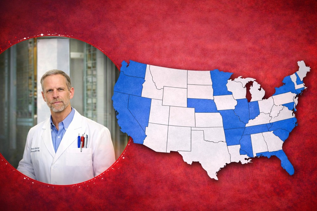A doctor stands beside a U.S. map highlighting 13 states as bold text accuses them of coercing abortion coverage.