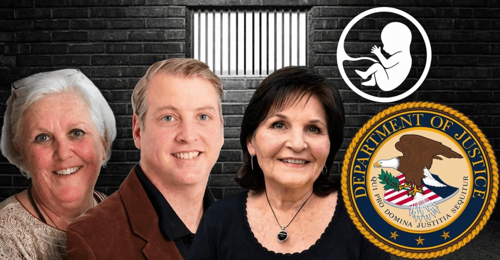 Left to right: Pro-lifers Paulette Harlow, Mark, Houck, and Eva Edl, the Department of Justice logo, and a graphic depicting an unborn baby attached to the uterus by an umbilical cord.