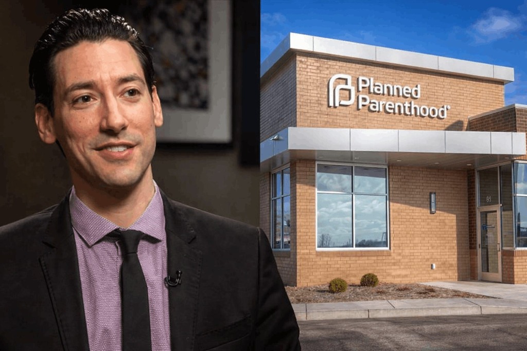 Split image of David Daleiden speaking in an interview beside the exterior of a Planned Parenthood clinic.