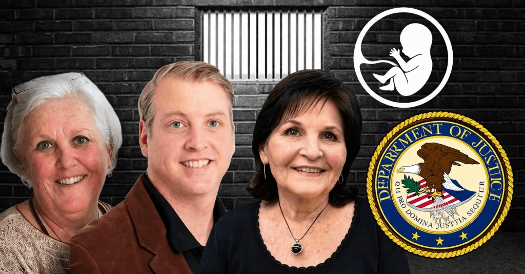 Left to right: Pro-lifers Paulette Harlow, Mark, Houck, and Eva Edl, the Department of Justice logo, and a graphic depicting an unborn baby attached to the uterus by an umbilical cord.