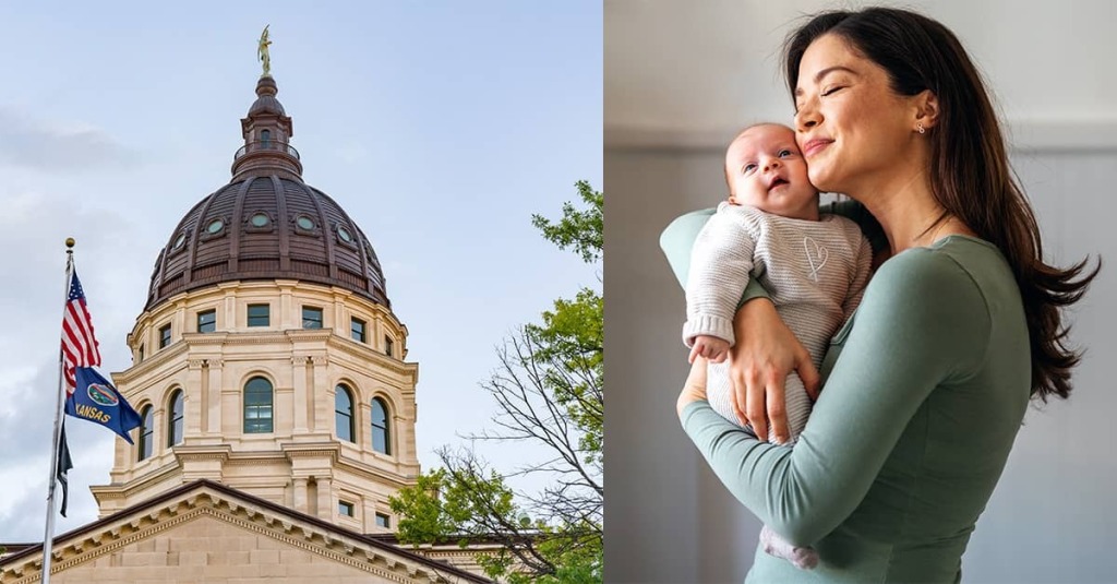 Split image of the Kansas Statehouse dome (left); a smiling mother hugging her baby.
