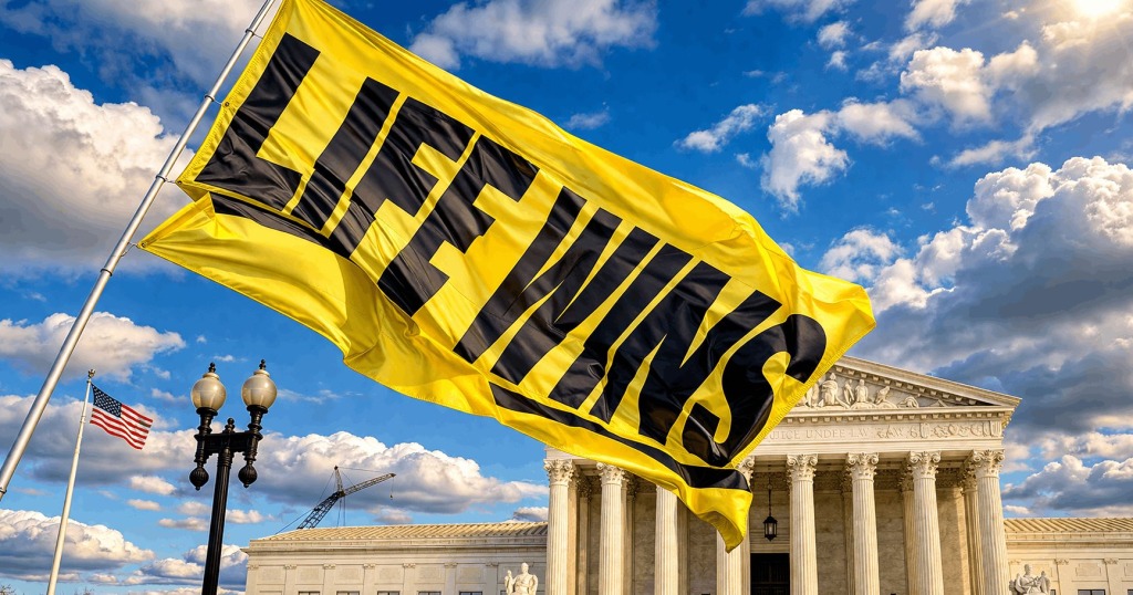 A large yellow “LIFE WINS” flag waves in front of the U.S. Supreme Court building under a cloudy sky.