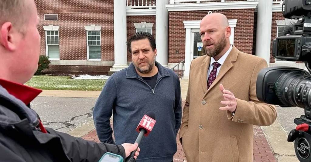 Pastor Chris Avell of Dad's Place Church (left) and his attorney Jeremy Dys of First Liberty Institute answer questions outside an Ohio courthouse. CREDIT: First Liberty Institute