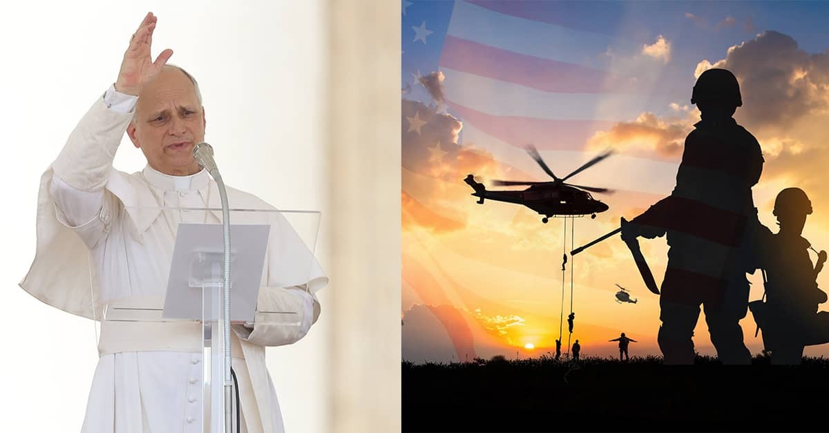 Split image of Pope Leo (left) and a montage of soldiers, helicopter, battle scenes against a faint American flag backdrop.