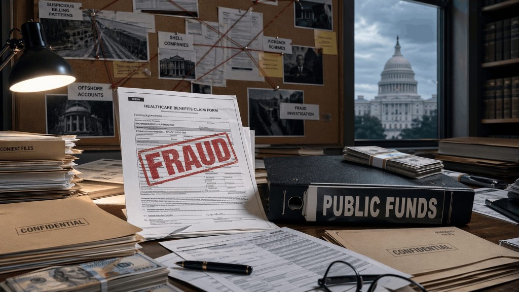 Investigative office scene showing a healthcare benefits claim form stamped “FRAUD,” a binder labeled “Public Funds,” confidential case files, cash, and an evidence board linking suspicious billing patterns, shell companies, and kickback schemes, with the U.S. Capitol visible through the window.