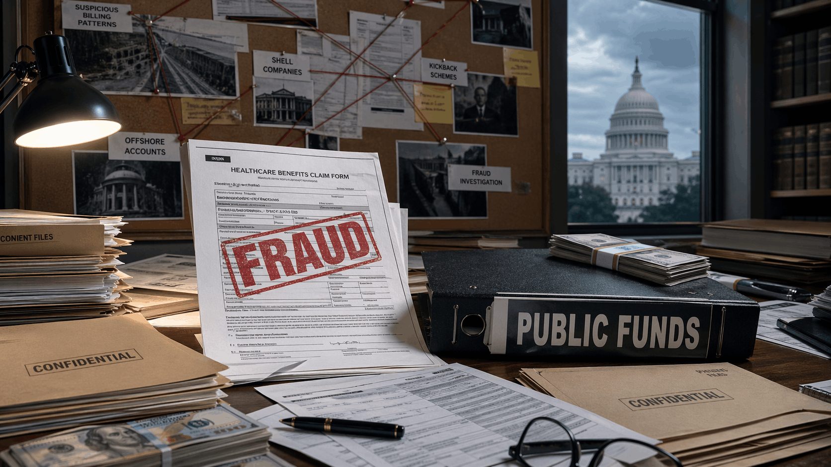 Investigative office scene showing a healthcare benefits claim form stamped “FRAUD,” a binder labeled “Public Funds,” confidential case files, cash, and an evidence board linking suspicious billing patterns, shell companies, and kickback schemes, with the U.S. Capitol visible through the window.