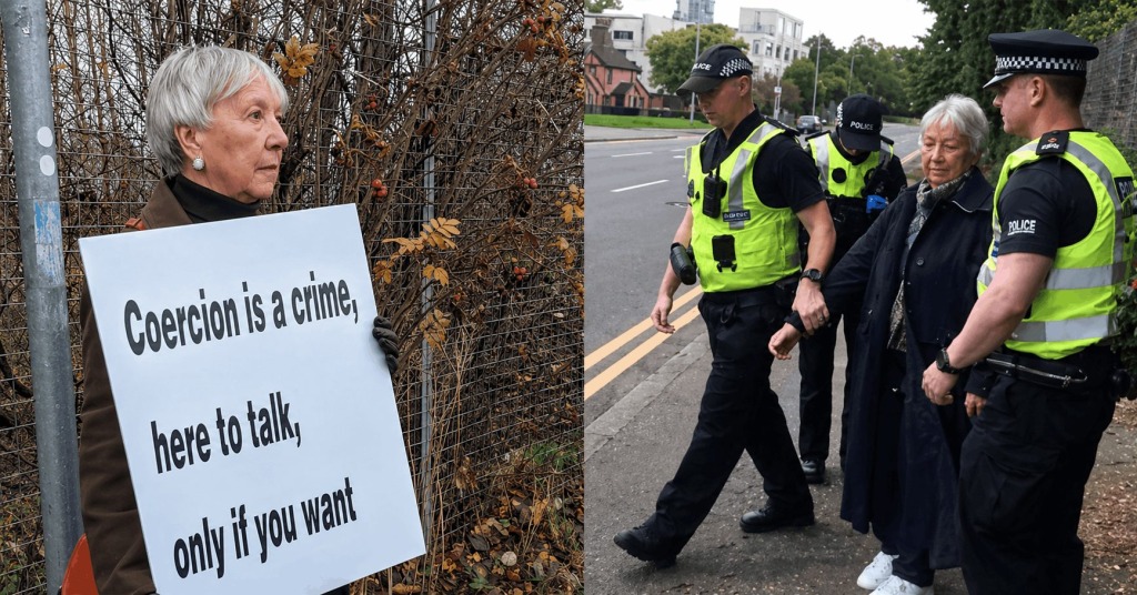(Left) Pro-lifer Rose Docherty holding a sign that reads "Coercion is a crime. Here to talk, if you want." (Right) Docherty being led away in handcuffs by Scottish Police.