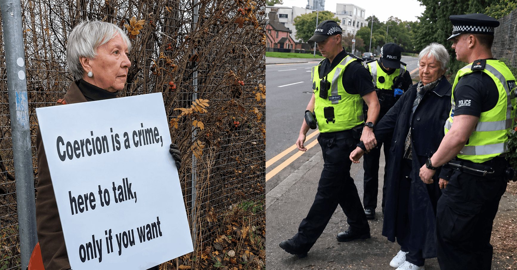 (Left) Pro-lifer Rose Docherty holding a sign that reads "Coercion is a crime. Here to talk, if you want." (Right) Docherty being led away in handcuffs by Scottish Police.