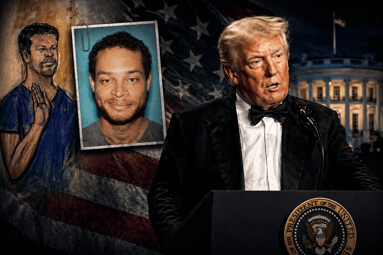 Composite image of President Donald Trump speaking at a podium with the White House in the background, alongside images of an alleged attacker and a courtroom sketch, representing an attempted assassination and rising political tensions in America.
