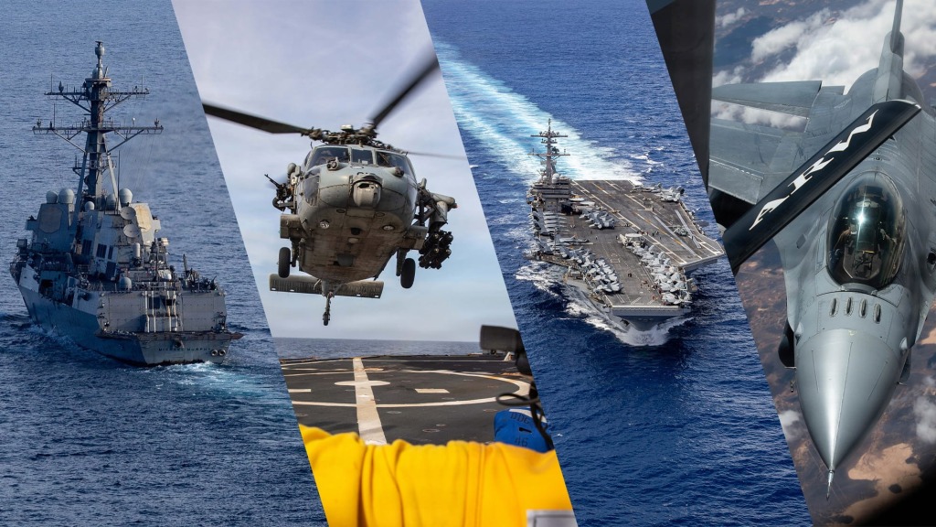 U.S. Navy ship, helicopter, aircraft carrier, and fighter jet shown in a military collage representing Project Freedom and American operations in the Strait of Hormuz.