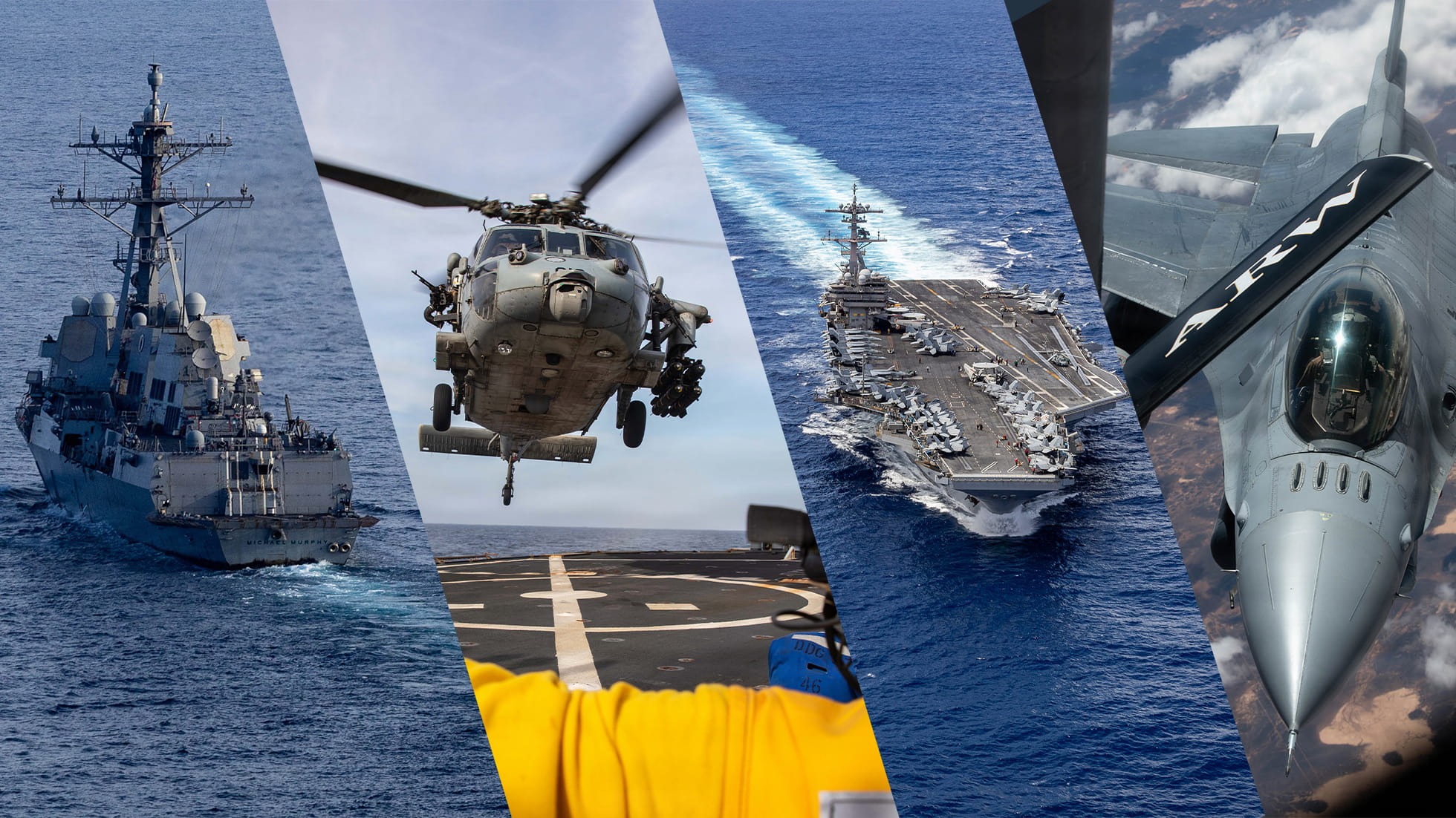 U.S. Navy ship, helicopter, aircraft carrier, and fighter jet shown in a military collage representing Project Freedom and American operations in the Strait of Hormuz.