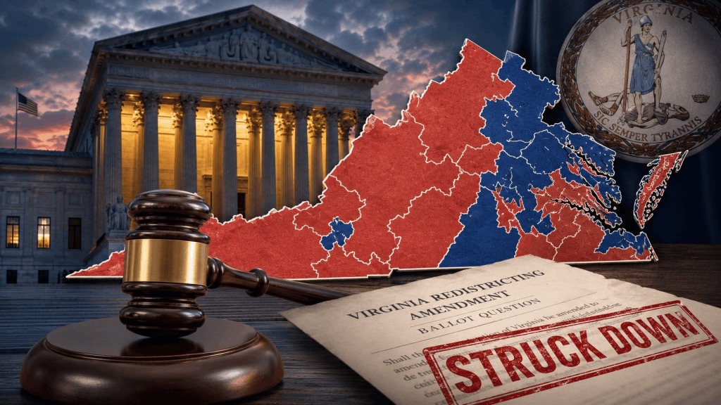 Judge’s gavel, Virginia redistricting map, and ballot document stamped “Struck Down” outside a courthouse, representing the Virginia Supreme Court’s redistricting ruling.
