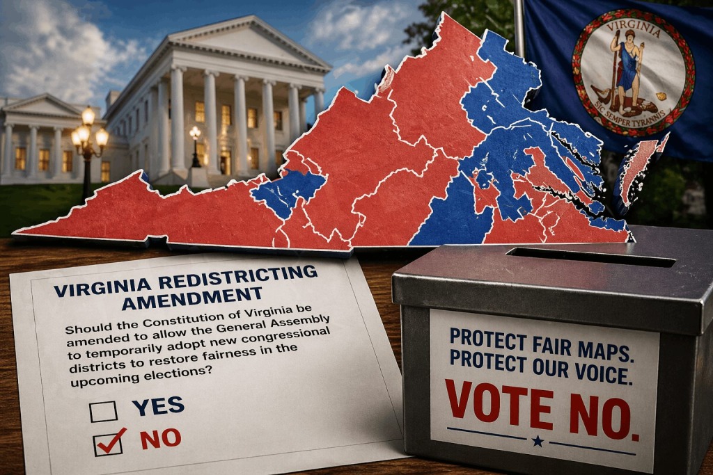 Collage of a ballot, ballot box, Virginia map with party districts.