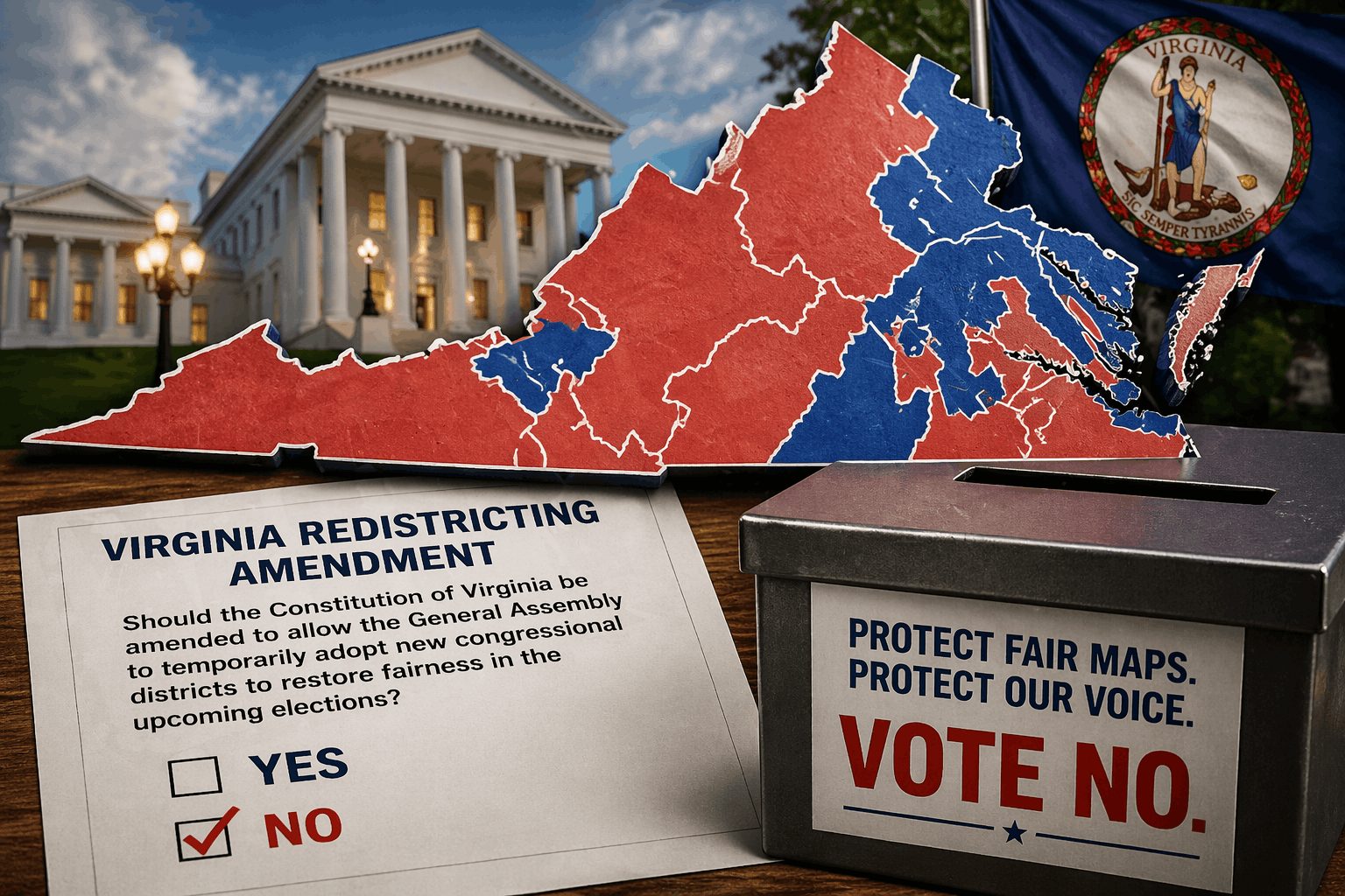 Collage of a ballot, ballot box, Virginia map with party districts.