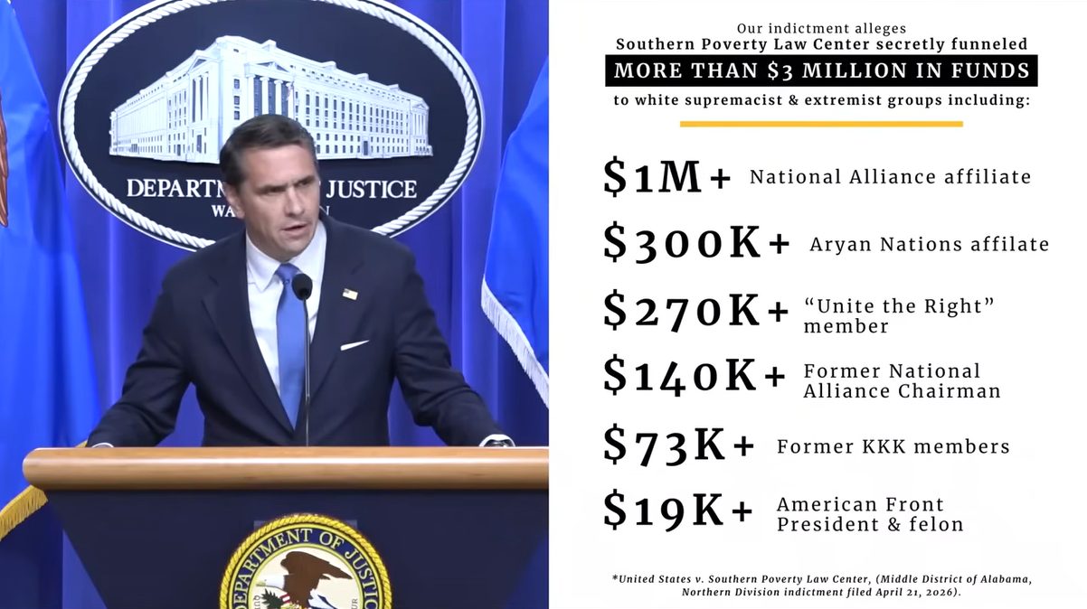 Acting Attorney General Todd Blanche speaks at a DOJ press conference beside a display alleging the Southern Poverty Law Center funneled more than $3 million to extremist groups.