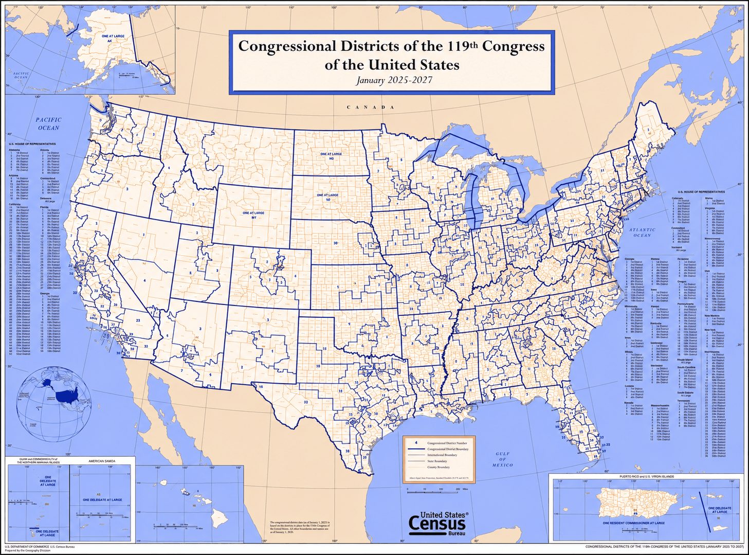 Map of U.S. congressional districts for the 119th Congress, showing district boundaries across all 50 states and U.S. territories for January 2025–2027.