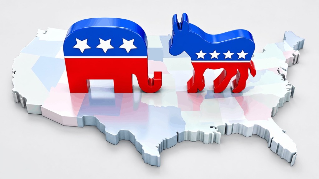Republican elephant and Democratic donkey symbols stand on a U.S. map, representing the nationwide redistricting battle before the 2026 midterm elections.