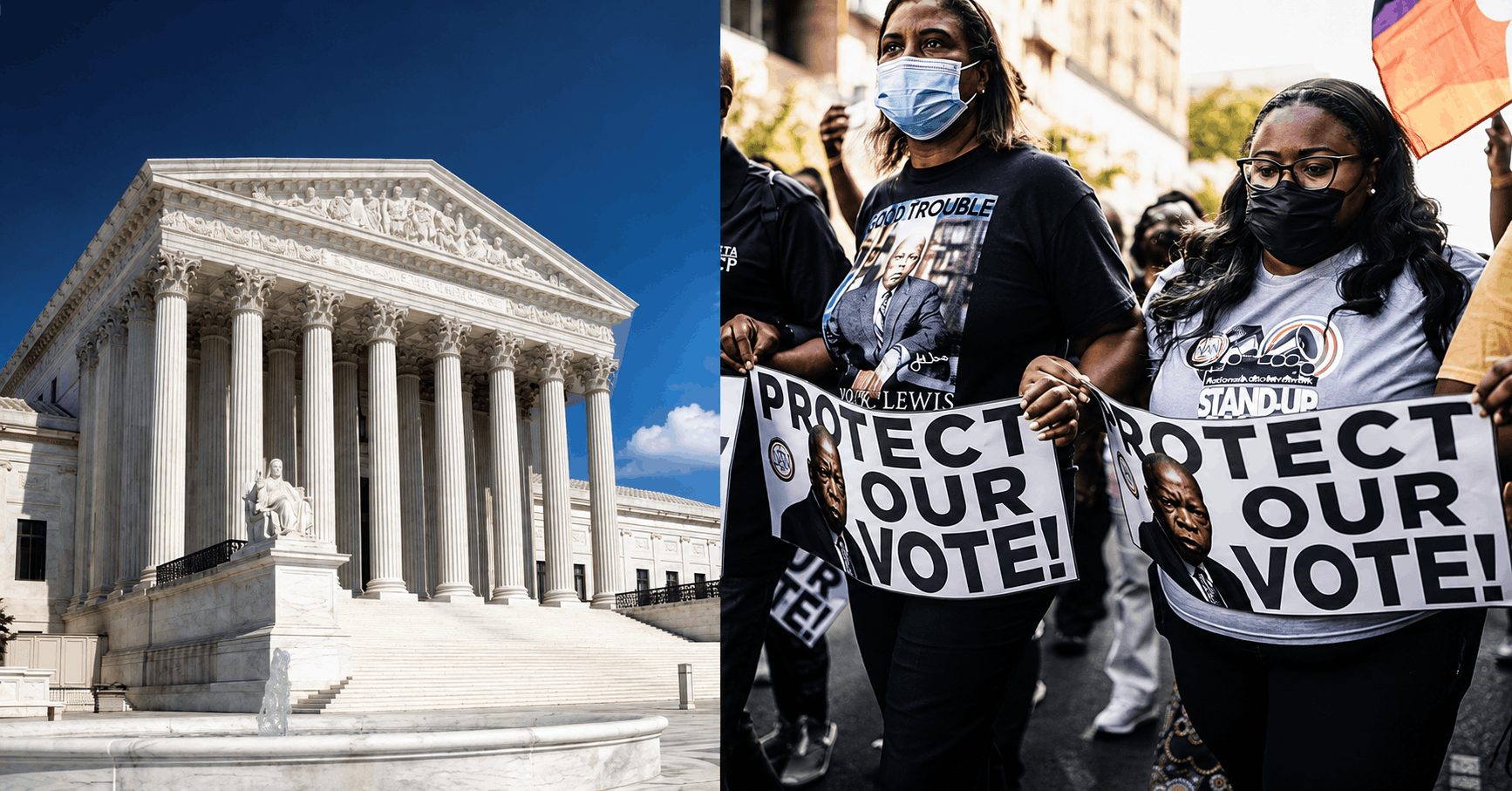 Split image of the U.S. Supreme Court beside protesters holding “Protect Our Vote” signs.