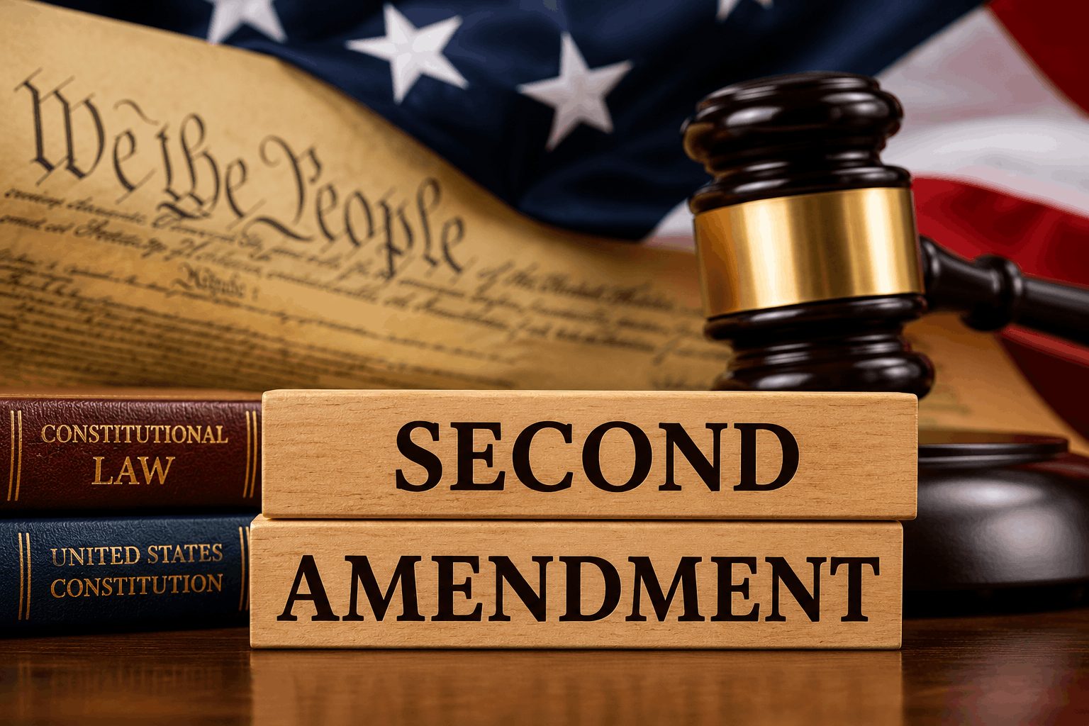 Wooden blocks reading “Second Amendment” sit before a gavel, U.S. Constitution, legal books, and American flag.