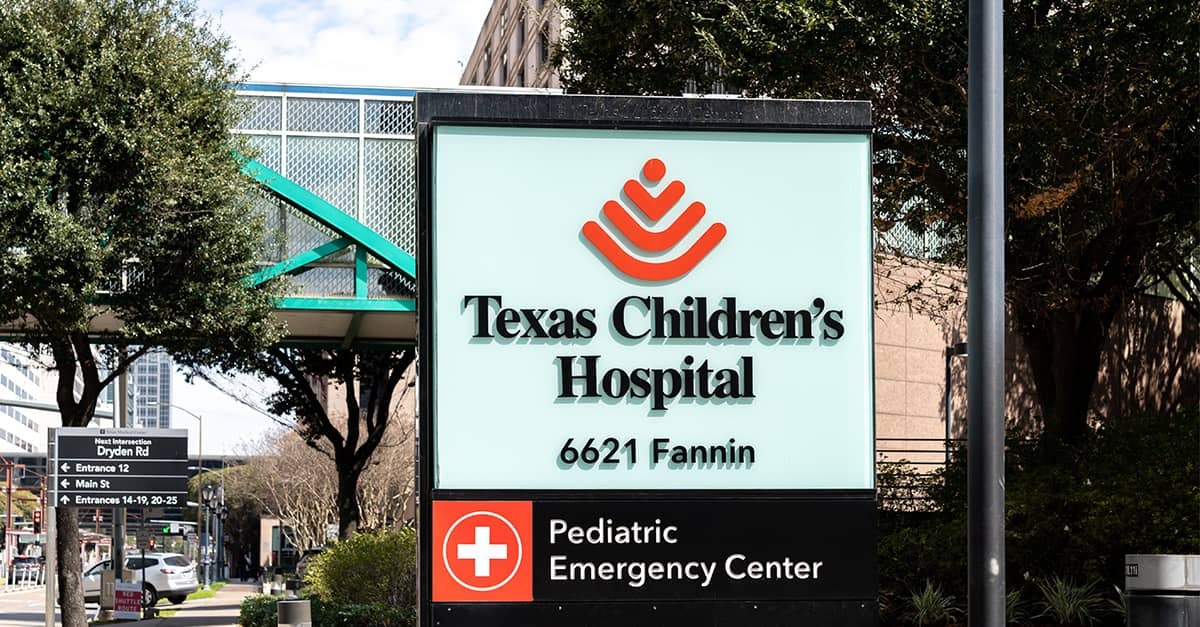 The entrance sign for Texas Children's Hospital in Houston.