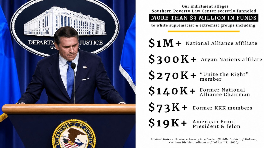 Split image of U.S. Attorney General Todd Blanche speaks at a podium (left); a graphic summarizing alleged payments in the Southern Poverty Law Center, noting the amounts received by different white supremacist and racist groups from the SPLC (right).