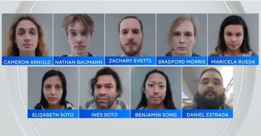 Mug shots and names of eight members of the North Texas Antifa cell that conspired to shoot ICE officers on July 4, 2025.