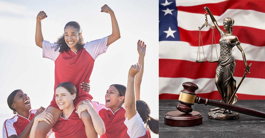 Composite image showing female soccer players celebrating beside a Lady Justice statue, gavel, and American flag.