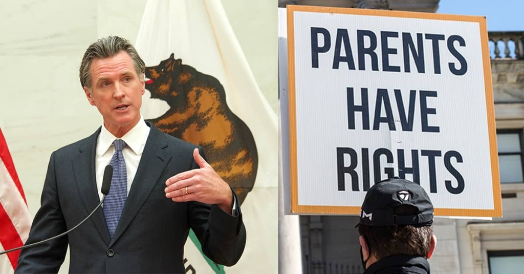 Gov. Gavin Newsom (left); a parent holds up protest sign reading "Parents Have Rights"