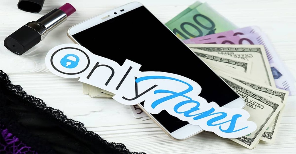A picture showing the logo for "OnlyFans," a smart phone, $100 bills, and a tube of lipstick.