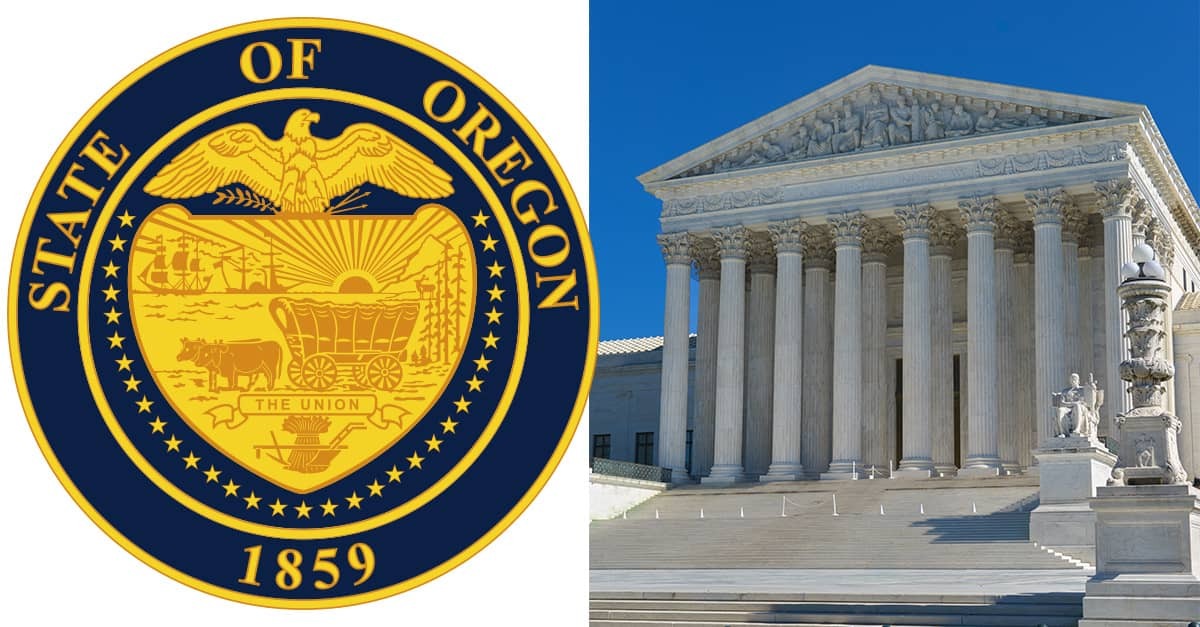 The official seal of Oregon (left) and the U.S. Supreme Court building (right)