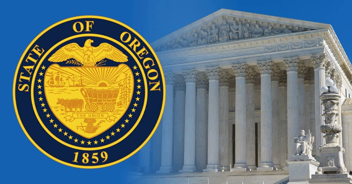 The official Oregon seal (left) and the U.S. Supreme Court Building (right)