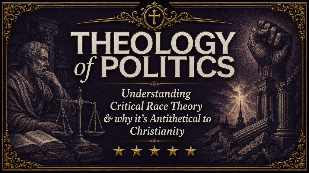 Theology of Politics graphic titled “Understanding Critical Race Theory & why it’s Antithetical to Christianity,” featuring a dark purple Renaissance-style design with gold ornamentation, a raised fist, broken columns, scales of justice, philosophical imagery, and a distant church steeple.